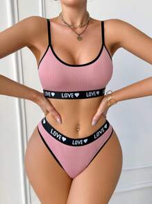 Women Letter Intarsia Contrasting Trim Lingerie Set - Dusty Pink - View 4