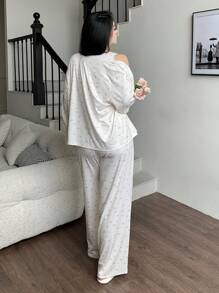 Dazy Plus 加大码 3 件套碎花印花背心、外套和裤子睡衣套装、家居服、服装、秋装 - 杏色 - 查看 2