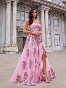 Glamrae Gorgeous Elegant Noble Fashionable Fairy Style Pink Shiny Sequined Mesh Tube Dress, Large A-Line Dress, Suitable For Bachelorette Parties, Wedding Guests, Music Festivals, Vacations, Dances, Formal Dinner Dresses, Party Dress, Evening Dress, Gown,Graduation,Teacher Outfits For Women,Teacher Dress - Pink - View 5