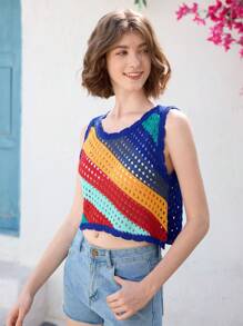SHEIN Unity Women Sleeveless Color Block Hollow Out Knit Blouse - Multicolor - View 5