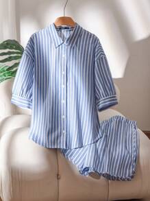 CosyJoli 2pcs Plus Size Summer Outfit, Minimalist & Fashionable - Blue and White - View 3