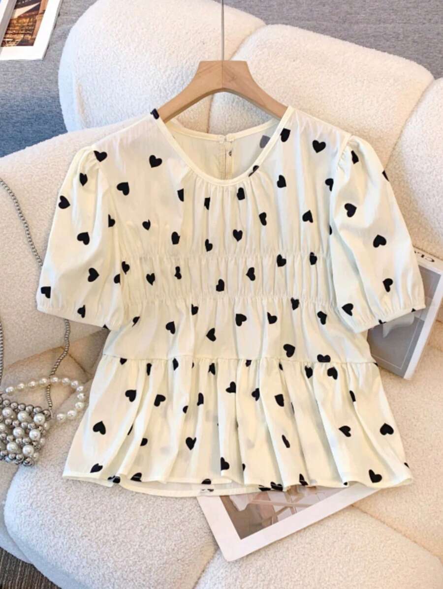 Franclia Women's Fashionable Elegant Heart Print Cute Shirt - Apricot - View 1