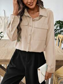 SHEIN LUNE Áo sơ mi nữ trơn màu thường ngày, thời trang cho mùa hè - Màu be - Xem 5