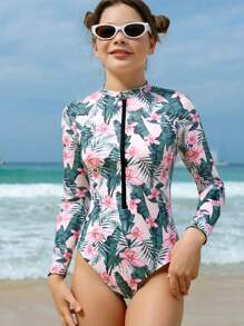 SHEIN 少女热带印花连体泳衣、度假和海滩装