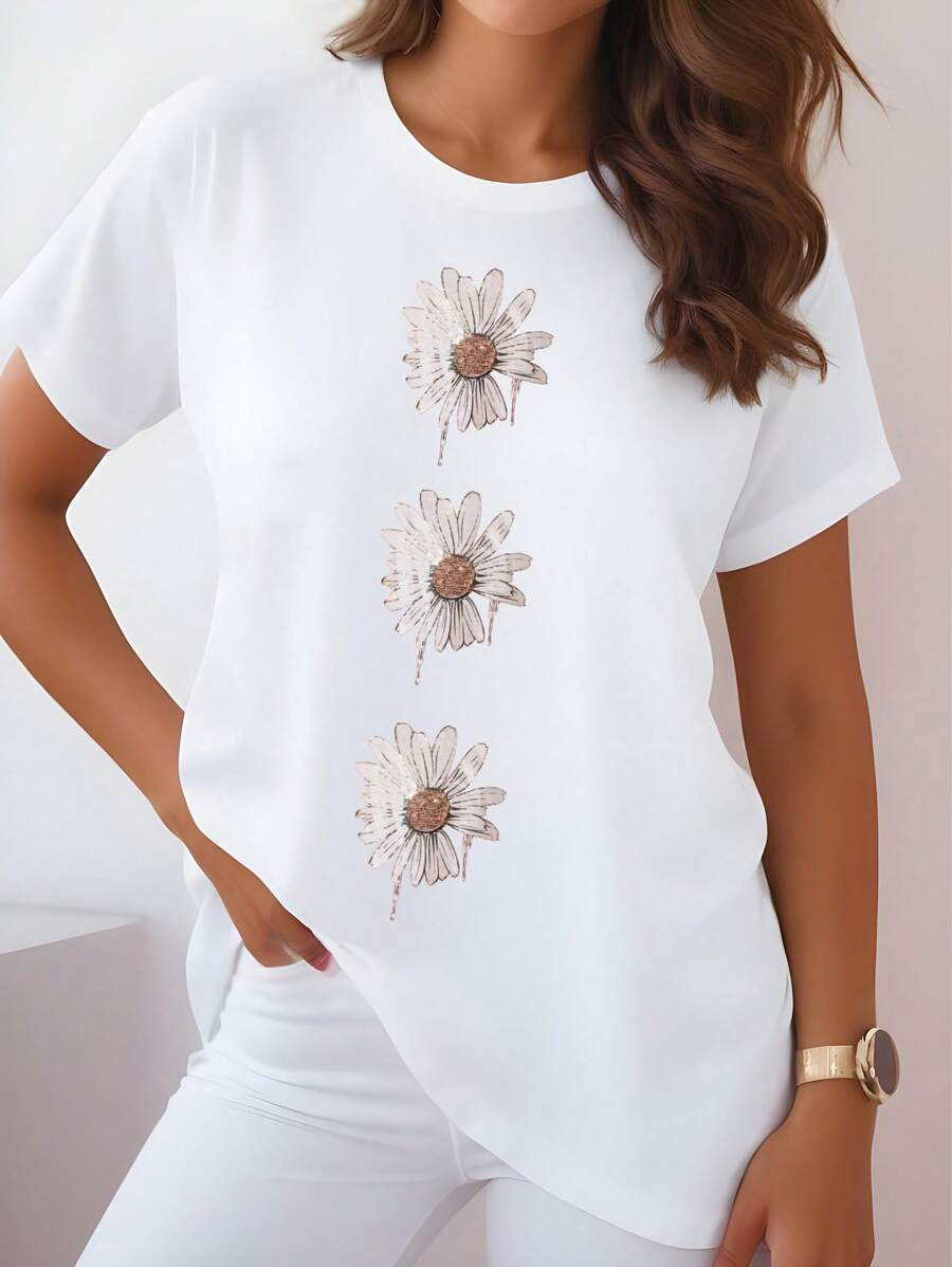 SHEIN LUNE Damen Lässig T-Shirt mit Blumen Muster und Kurzarm, Sommer
