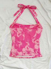SHEIN WYWH Débardeur moulant pour femmes grandes tailles avec impression romantique d'hibiscus, col ras-du-cou et taille froncée. Mode pour les saisons printemps/été. Convient pour les fêtes, rendez-vous, la Saint-Valentin, le thé de l'après-midi, Pâques, le carnaval, les croisières balnéaires