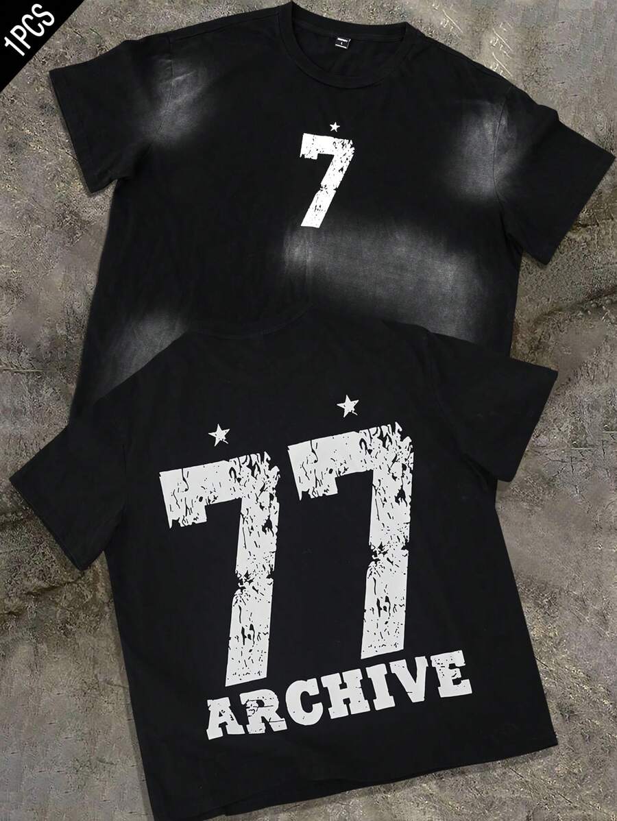 Manfinity EMRG Herren Große Größen Lässig T-Shirt mit rundem Ausschnitt und Buchstaben Grafik, Kurzarm - Schwarz - Übersicht 1