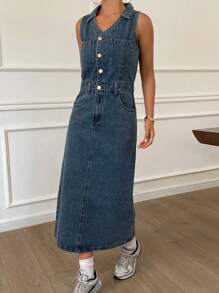 DAZY Đầm denim không tay dáng thường ngày cho nữ, đầm maxi mùa hè. - Màu xanh lam - Xem 2