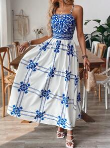 SHEIN Clasi Women's Elegant Vacation Style Blue & White Geometric Print Spaghetti Strap Waist-Cinching Maxi Dress