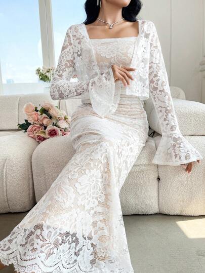 Modelyn 2pcs/Set Women Lace Long Sleeve Jacket & Cami Dress