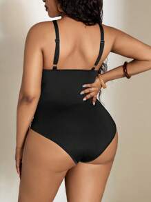 SHEIN PETITE CURVE Summer Beach Women Solid Color Simple Style Bodysuit - Black - View 2