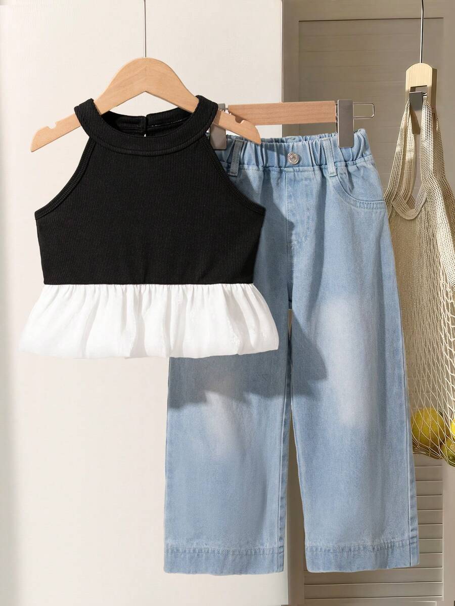 SHEIN Young Girl Summer Sleeveless Open Shoulder Top With Lighting Ruffle Hem & Loose Casual Wide Leg Jeans Set, Vacation Style
