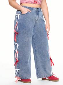 ROMWE Plus Size Kawaii Bow Decor Denim Jeans, For Valentine's Day - Blue - View 1