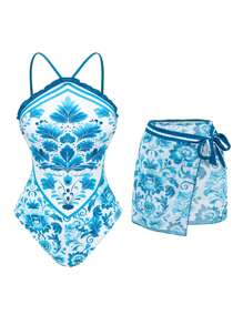 Swim Oasis 2 Pieces Swimwear Set - Women Printed Spaghetti Strap One-Piece Swimsuit & Tie Front Beach Skirt, Beach Resort Suit For Summer Beach Vacation