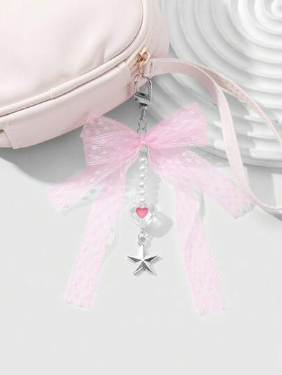 Kawaii 4pcs Cute Handmade Beaded Pearl Netting Bow Heart Star Charms For Phone Case, Keychain, Bag - With 2pcs Pink Lace Bow Hair Clips, Gift Set For Women And Girls