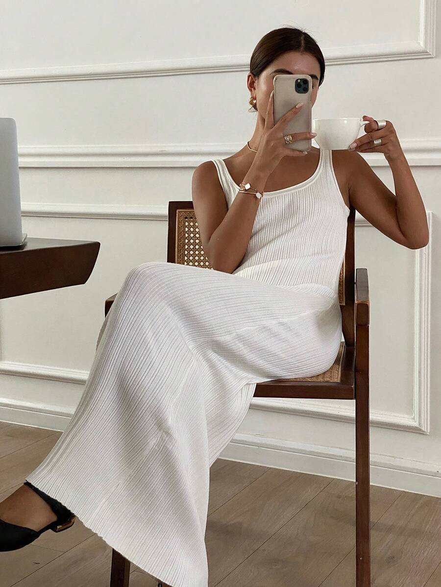 Livesso Damen ärmellose lange einfarbige Lässig Strickkleid, Sommer Damen Pulloverkleid - Weiss - Übersicht 1