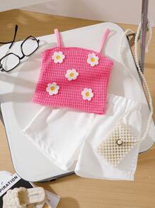 2 件套女婴夏季服装，刺绣无袖上衣 + 短裤 - 粉色 - 查看 1