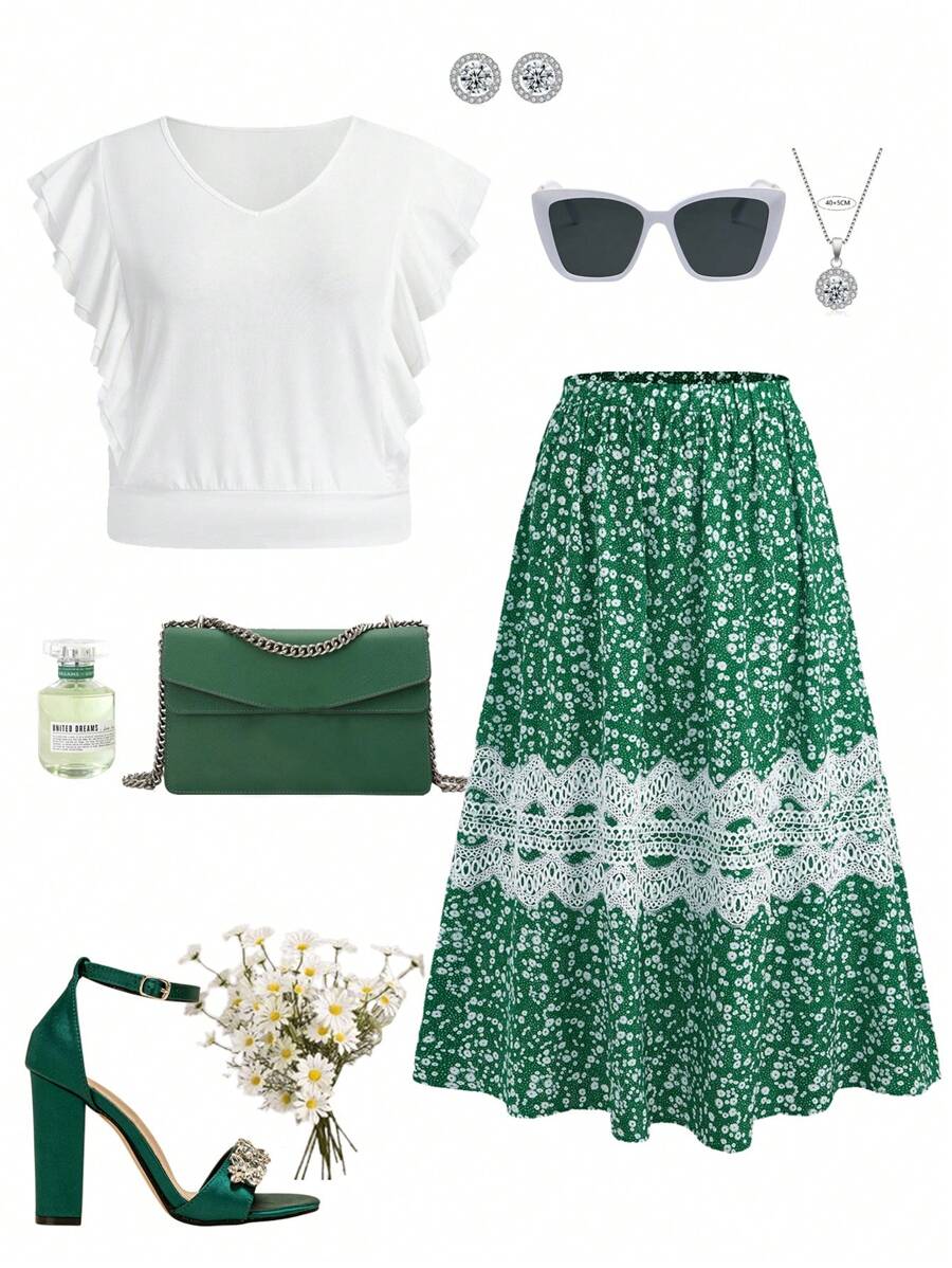Ellevyn Plus Size Women White Blouse With Green Lace Panel Skirt 2 Pieces Set,Summer Boho Tea Party Holiday Floral Vacation Outfits,Elegant Sun Dress Outfits - Multicolor - View 1