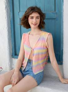 Skyraze 女士彩色抽绳无袖薄款开衫（随机印花） - 彩色 - 查看 4