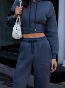 RueChic Drop Shoulder Drawstring Hoodie & Sweatpants - Dark Grey - View 3