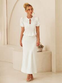 Glamine Hollow Out Lace-Up Puff Sleeve Ruffle Hem Women Short Sleeve Blouse, Spring/Summer Ladies Wear - White - View 3