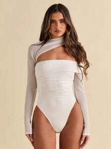 SHEIN BAE Women's Long Sleeve Mesh Asymmetrical Neck Ruched Bodycon Tops, Autumn/Winter - White - View 7