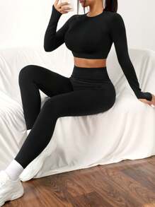 Seamluxe SHEIN Sport Women's Solid Raglan Sleeve Sports Set Outfit Set Workout Women Set - Black - View 3