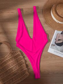 Swim SXY Women One-Piece Sexy Deep V-Neck High Leg Backless Swimsuit For Summer Beach Vacation - Hot Pink - View 2