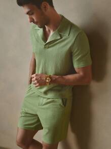 Manfinity VCAY 2pcs/Set Men's Jacquard Knitted Slim Fit Raglan Casual Polo Shirt Set, Suitable For Summer - Green - View 6