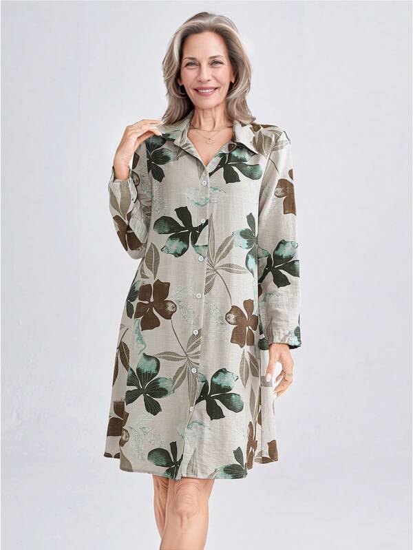 Miaspire Women Floral Print Long Sleeve Single-Breasted Casual Shirt Midi Dress Summer Dresses For Women