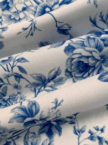 Breezaya Random Print Women's Pleated Hem Floral Pattern Shirt - Blue and White - View 5