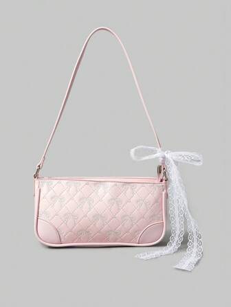 Kawaii Bolso de hombro con bordado en rosa y moño lindo para mujeres