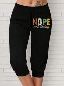 SHEIN LUNE Plus Size Casual Letter Print 3/4 Pants - Black - View 1