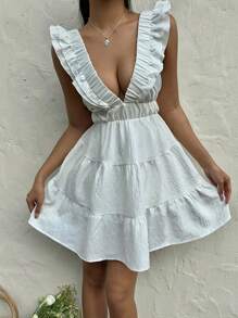 Sunnyshic 纯白色深 V 领层叠荷叶边下摆迷你连衣裙 - 白色 - 查看 5