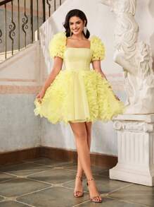 Lovelzi 夏季优雅浪漫华丽浅黄色欧根纱纹理设计泡泡袖方领泡泡裙，适合晚餐单身派对约会生日假期返校季毕业季音乐节、婚礼活动舞会礼服、婚礼宾客礼服 - 黃色 - 查看 9