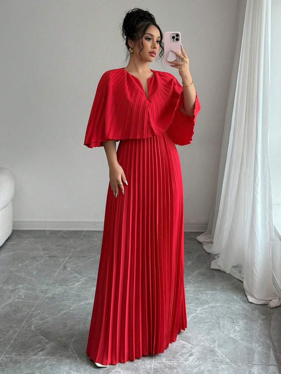 Elenzga V-Neck Gathered Elegant & Romantic Ladies Dress - Red - View 1