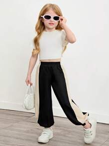 Young Girl Color Block Loose Casual Pants - Black - View 3