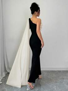 Elenzga Women Dress With Asymmetrical Open Shoulder & 3D Floral Design Maxi Women Outfit