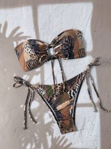 Swim Vcay 2pcs Women's Random Print Bandeau Tied Sexy Strapless Bikini Set, Summer - Multicolor - View 1