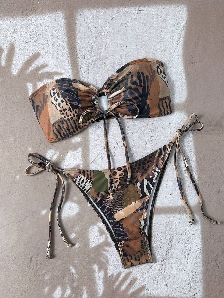 Swim Vcay 2pcs Women's Random Print Bandeau Tied Sexy Strapless Bikini Set, Summer - Multicolor - View 1