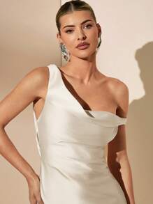 SHEIN BAE Vestido de satén asimétrico con hombro al aire y espalda descubierta, con lazos, estilo minimalista y sexy, apropiado para fiestas, eventos de cóctel, ocasiones formales, vestidos de dama de honor, vestidos de cumpleaños