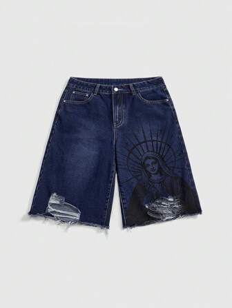 Grunge Punk Pantaloni capri in jeans ampi e allentati da donna con stampa di ritratto in stile grunge, bordi sfilacciati e rovinati