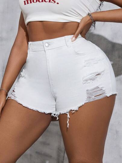 SHEIN Tall CURVE 女士加大码白色破洞弹力紧身牛仔短裤，夏季、度假女士、复活节、春季、西部风、女性办公室、狂欢派对、迎婴派对、乡村风、乡村女性、老派金钱风格女性、外出、节日、牛仔竞技、机场