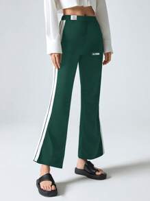 SHEIN EZwear 女式时尚侧条纹撞色刺绣针织裤 - 墨綠色 - 查看 3