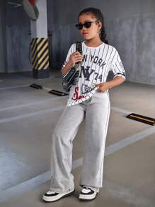 Girls' New Grey Denim Loose Non-Elastic Comfortable Straight Wide-Leg Trousers - Grey - View 2