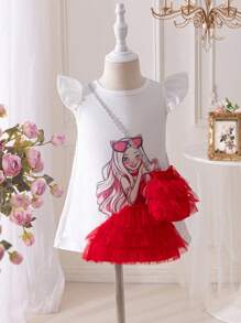 SHEIN Baby Girls' Cute 3D Net Mesh Dress With Cross-Body Bag, Spring & Summer - Red - View 2