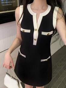 DAZY 女士休闲无袖拼接中长连衣裙、夏季假日、迷你连衣裙