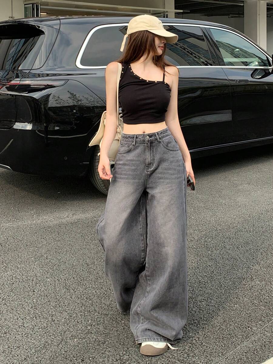 DAZY Casual Distressed Wide Leg Loose Denim Jeans Low Rise Jeans - Light Grey - View 1