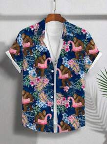 Genlund 男士热带植物与大猩猩印花短袖休闲衬衫 - 彩色 - 查看 1