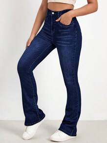 Jeanoix Washed Denim Blue High Waist Bleach Wash Flare Leg Jeans Women Jeans High Waisted - Dark Wash - View 5